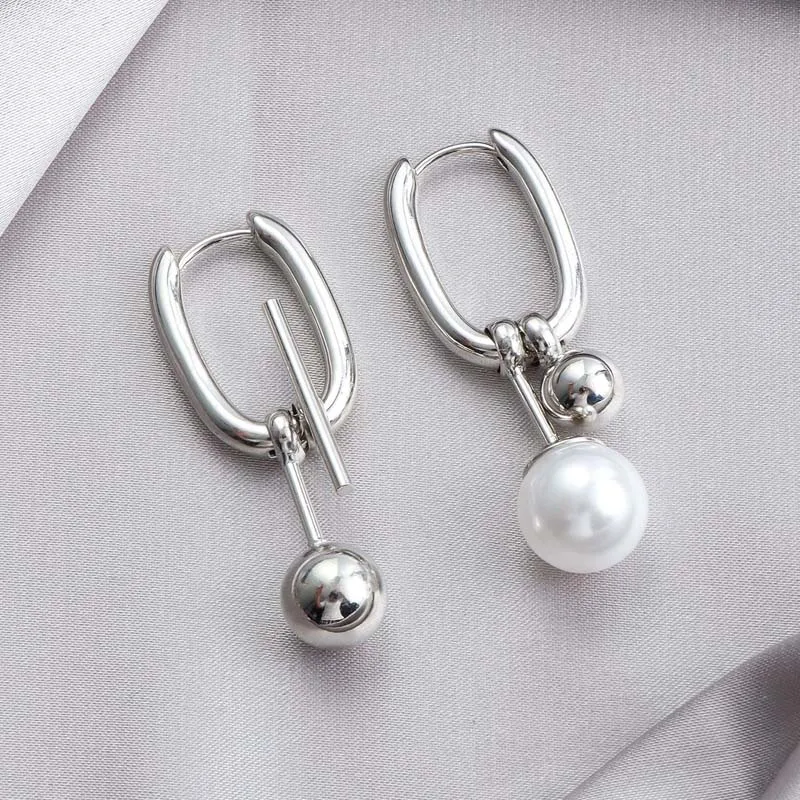 Pearl U-Shaped Drop Earrings — Silver-Tone, Women's