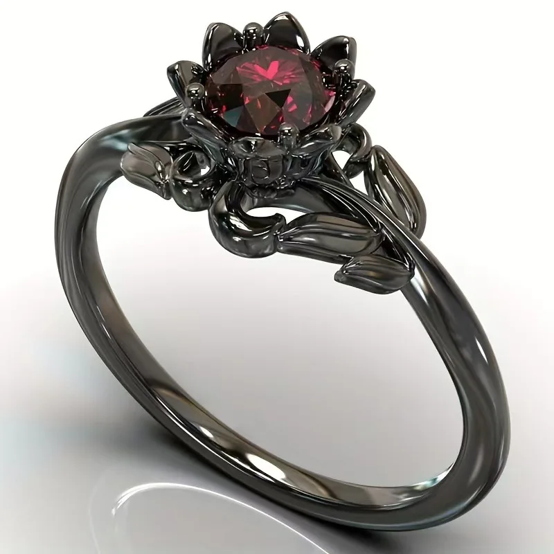Black Flower Ring — Red Stone, Women's