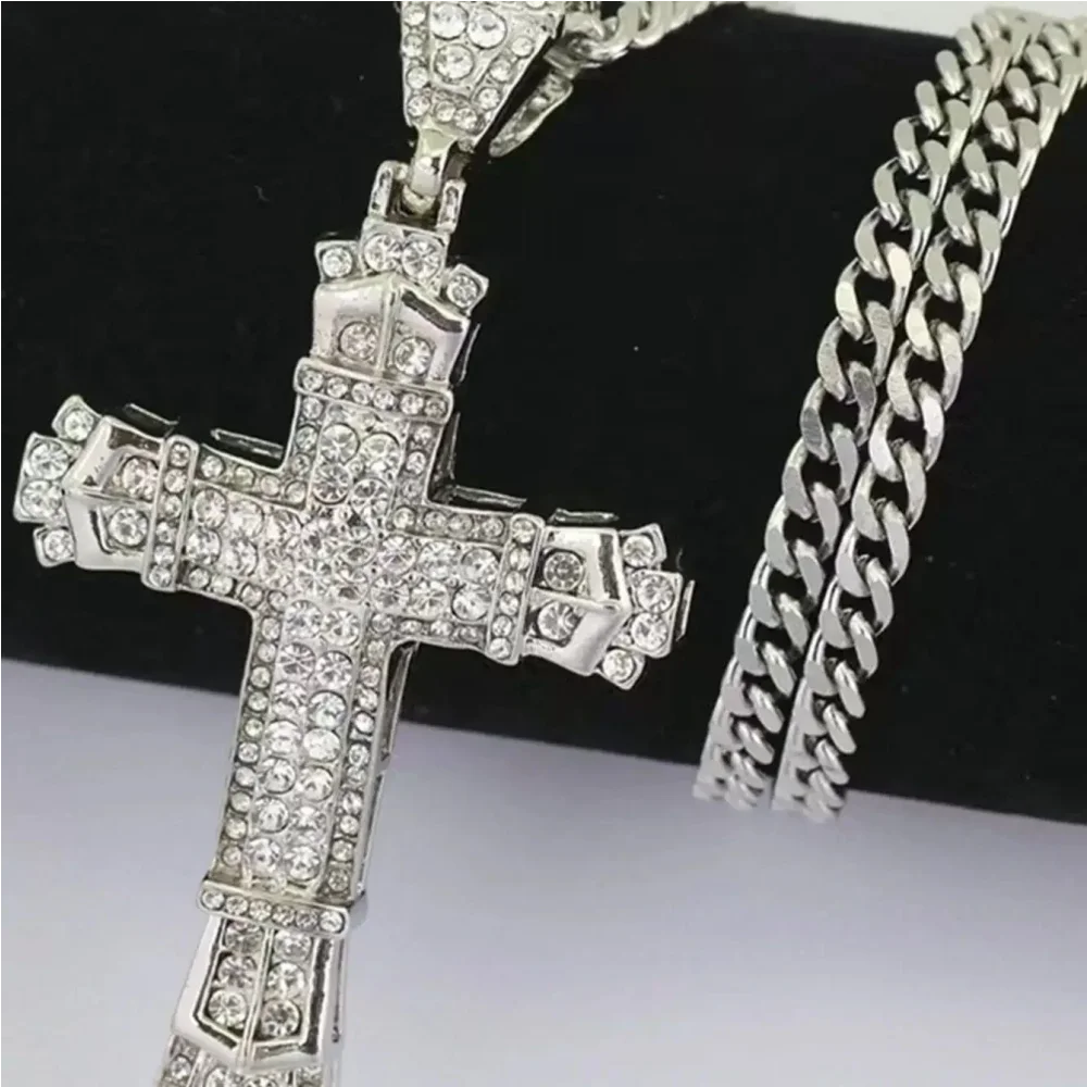 Rhinestone Cross Pendant Necklace — Men's