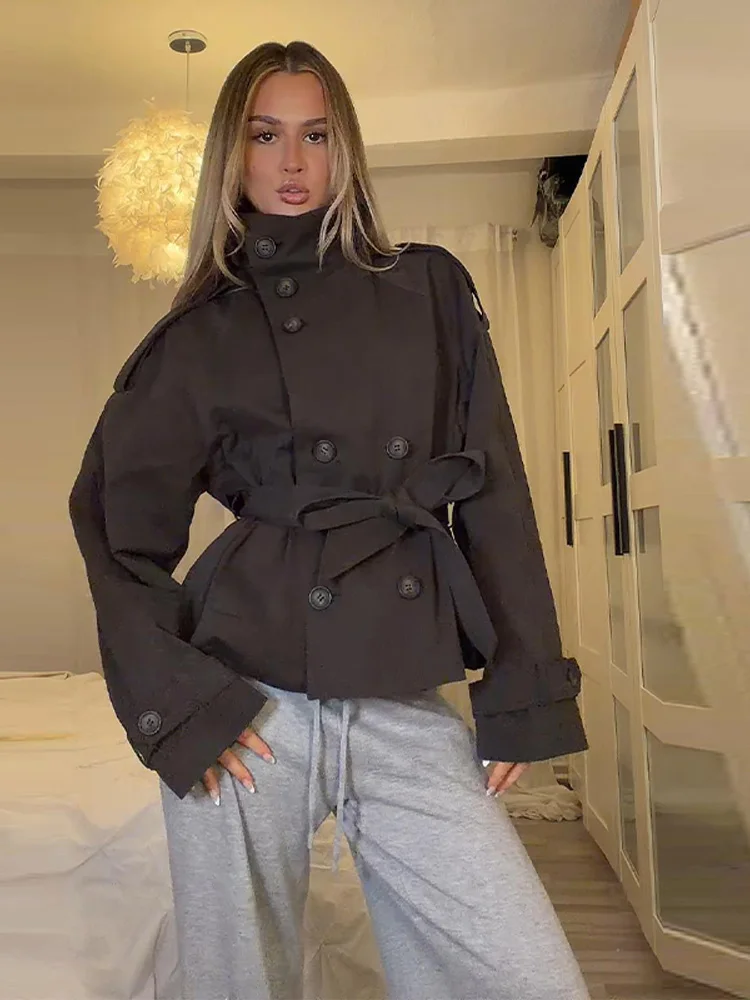 Lace-Up Trench Coat — Stand Collar, Women's