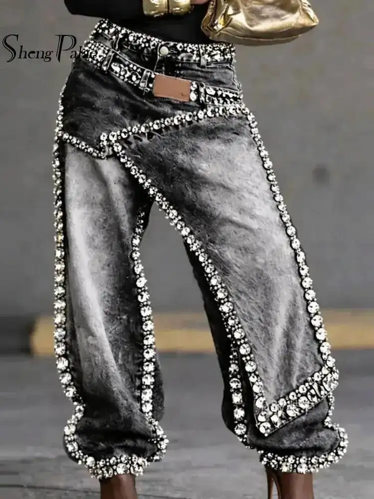 Patchwork Rhinestone Wide-Leg Jeans — Women's