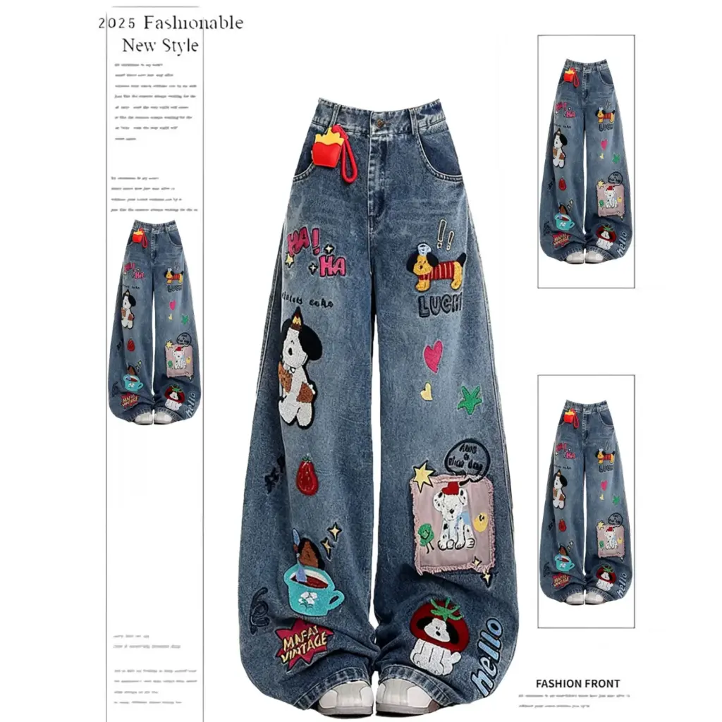 Cartoon Embroidery Wide-Leg Jeans — Unisex