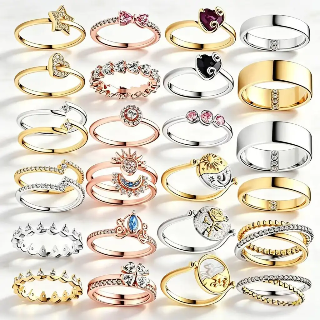 Stackable Rings Set — Peach Blossom & Moon, 925 Silver