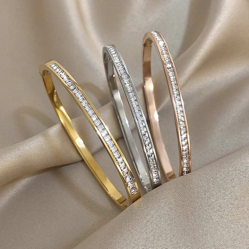 Rhinestone Stainless Steel Bangle Set — Women's