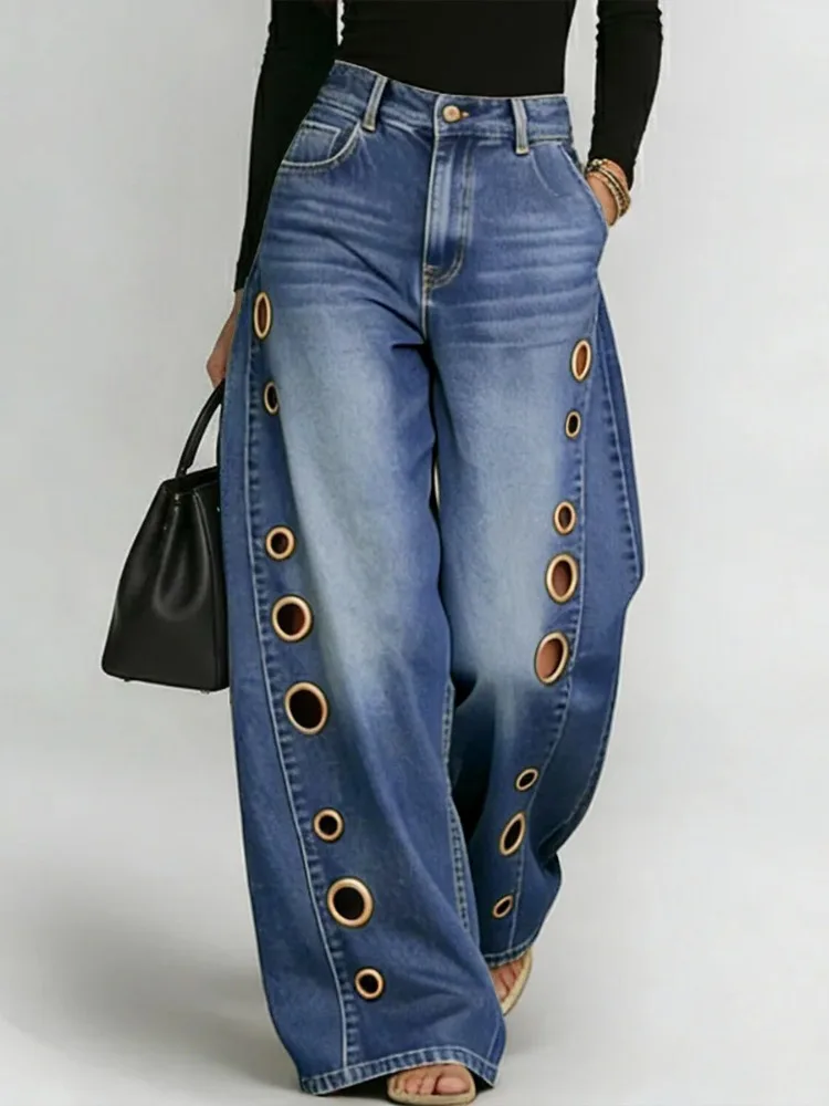 High-Waist Grommet Wide-Leg Jeans — Washed Blue, Women's