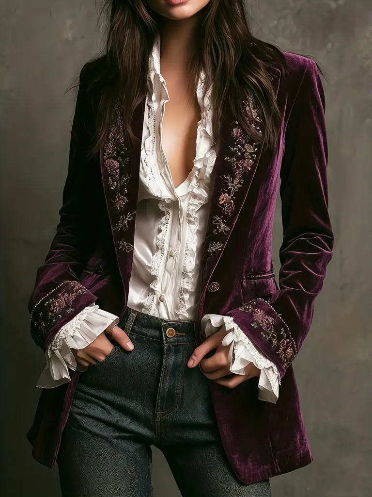 Floral Velvet Blazer — Notched Collar, Women's