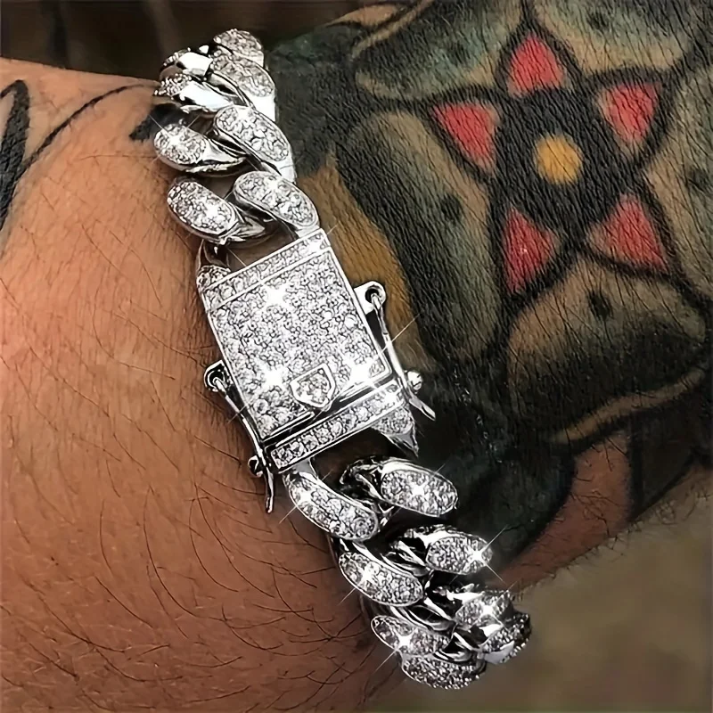 Iced-Out Cuban Link Bracelet — Crystal, Stainless Steel, Men's