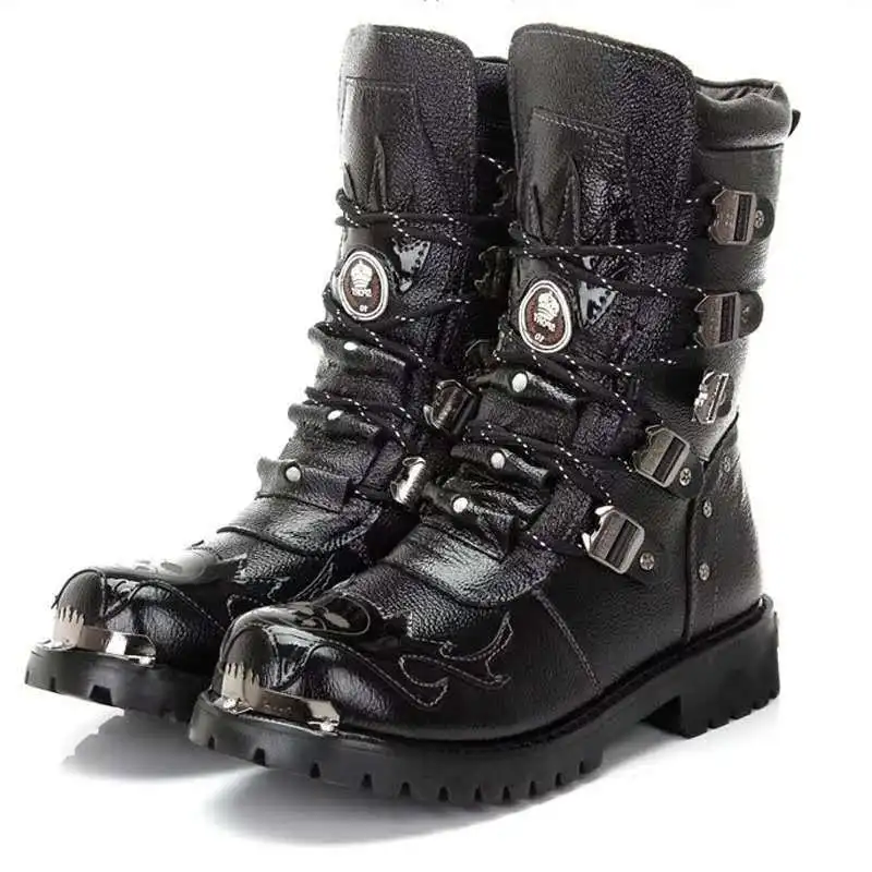 Gothic Belt Motorcycle Boots — Mid-Calf PU Leather, Men's