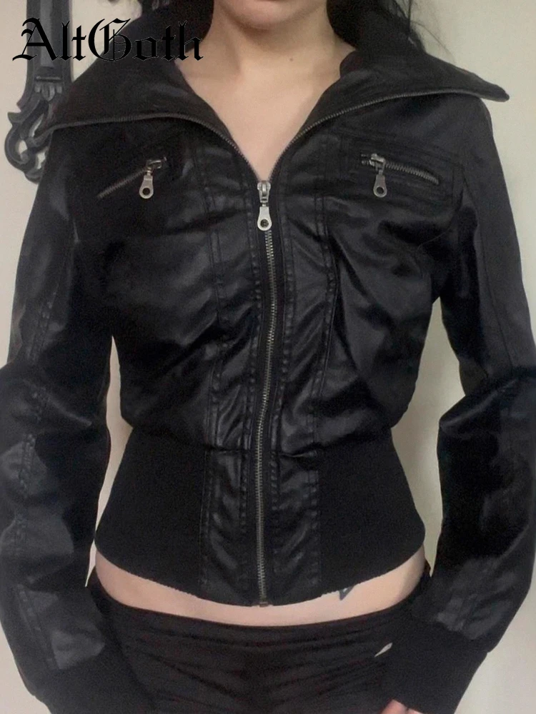 Black Vintage PU Leather Jacket — Women's
