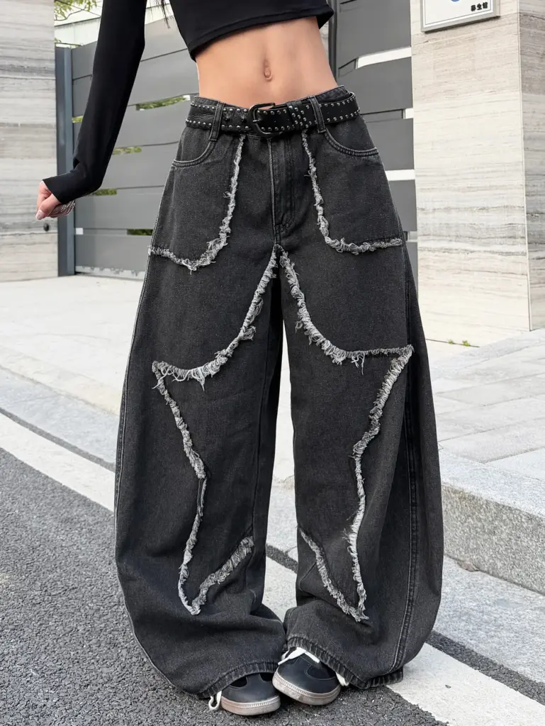 Star Patchwork Wide-Leg Jeans — Black, Women's