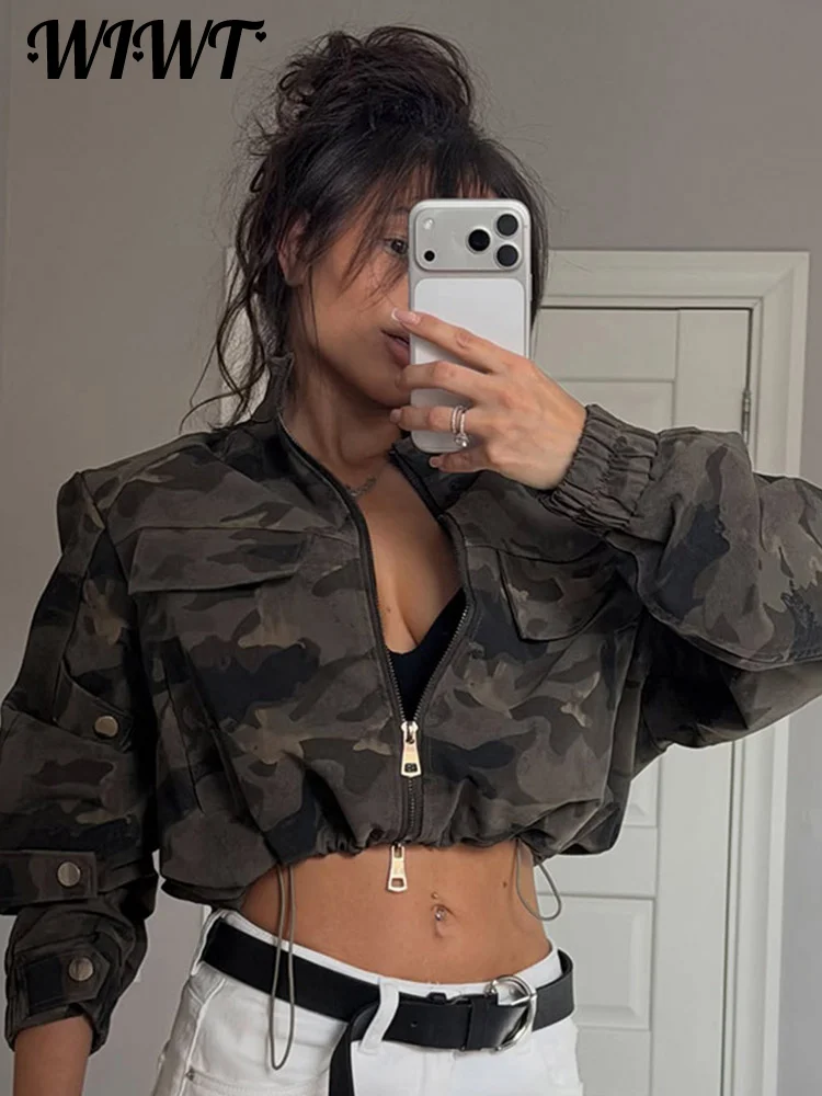 Camouflage Cropped Jacket — Stand Collar, Women's