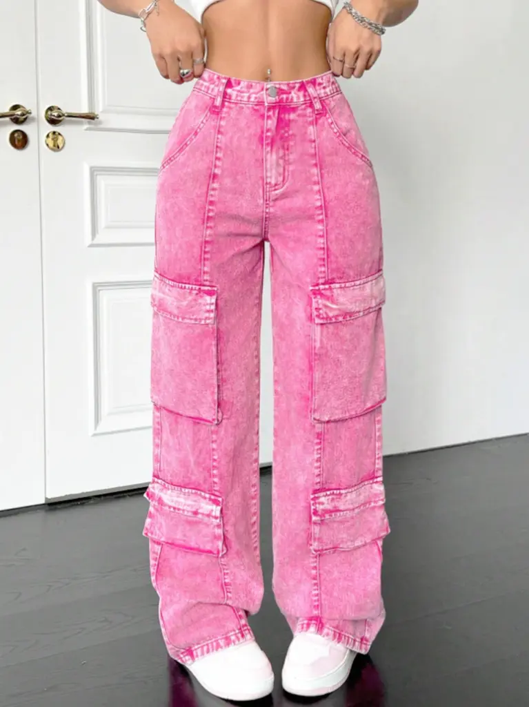 Wide-Leg Loose-Fit Jeans — Pink Cotton, Women's