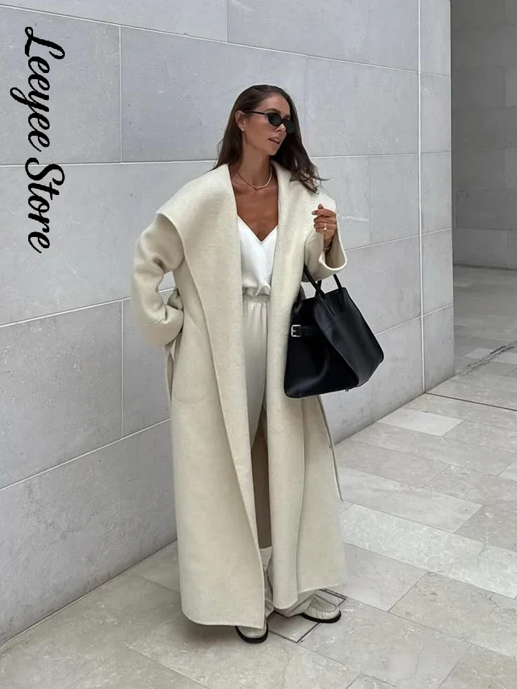 Lace-Up Woolen Long Coat — V-Neck, Women's