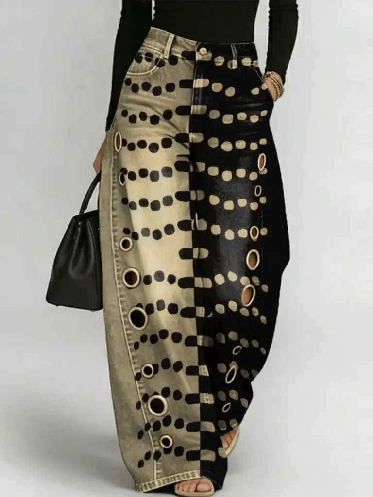Two-Tone Splicing Wide-Leg Jeans — Polka Dot, Women's