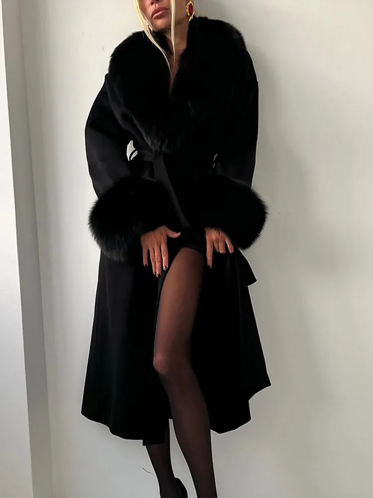 Black Fur Patchwork Wool Coat — Women's