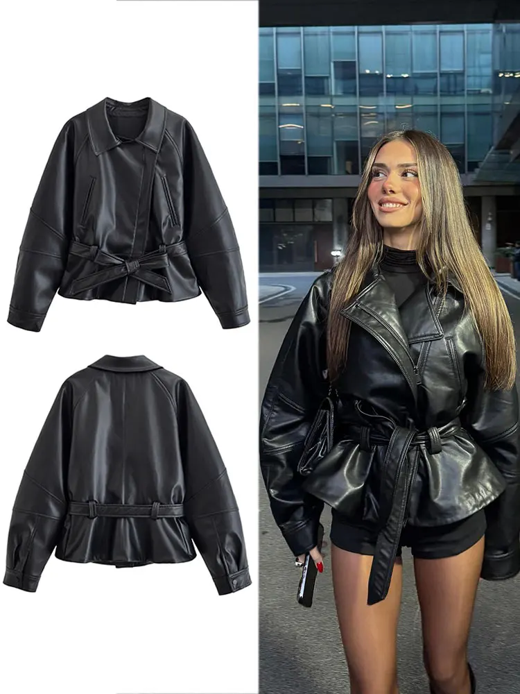 Black Faux Leather Trench Coat — Belted, Women's