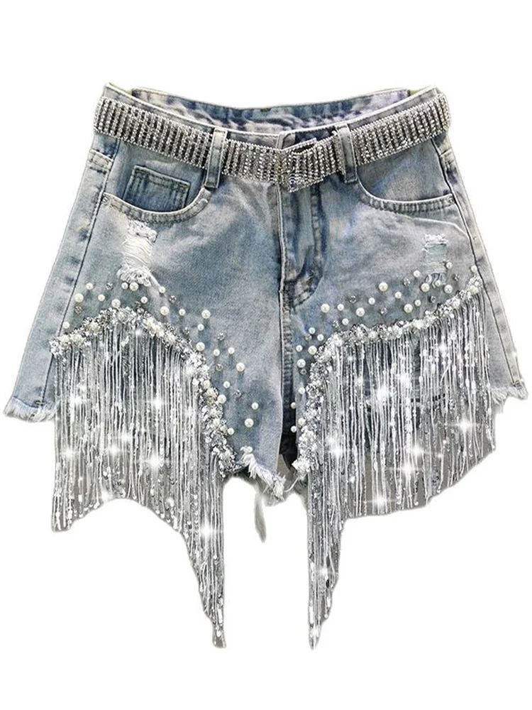 Tassel Beaded Denim Shorts — High-Waist, Women's