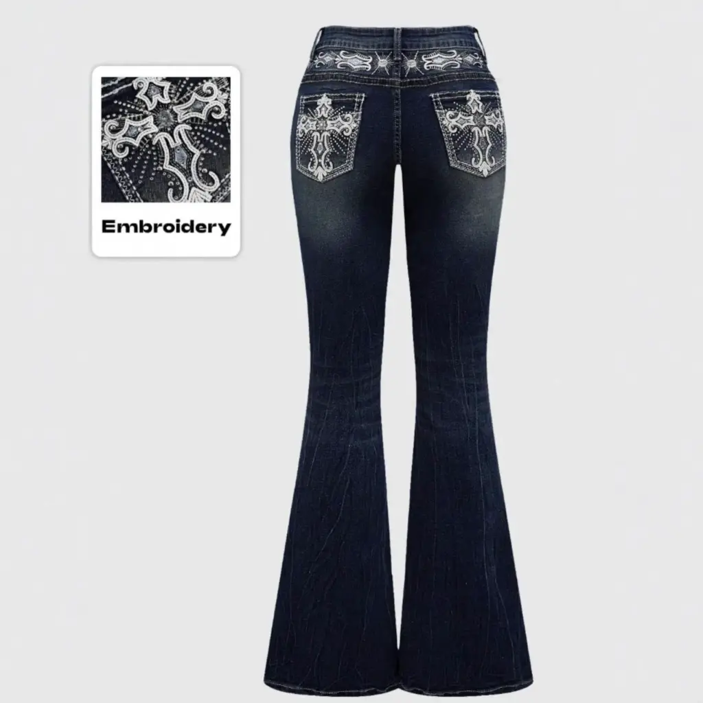 Rhinestone Embroidered Flare Jeans — Dark Wash, Women's
