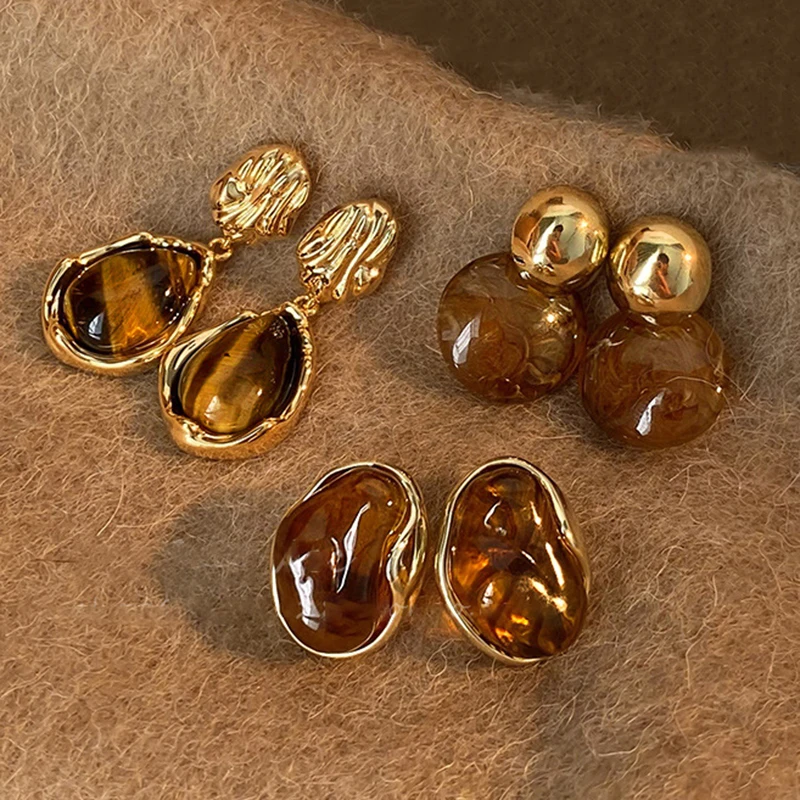 Vintage Tiger Eye Dangle Earrings — Brown Resin, Women's