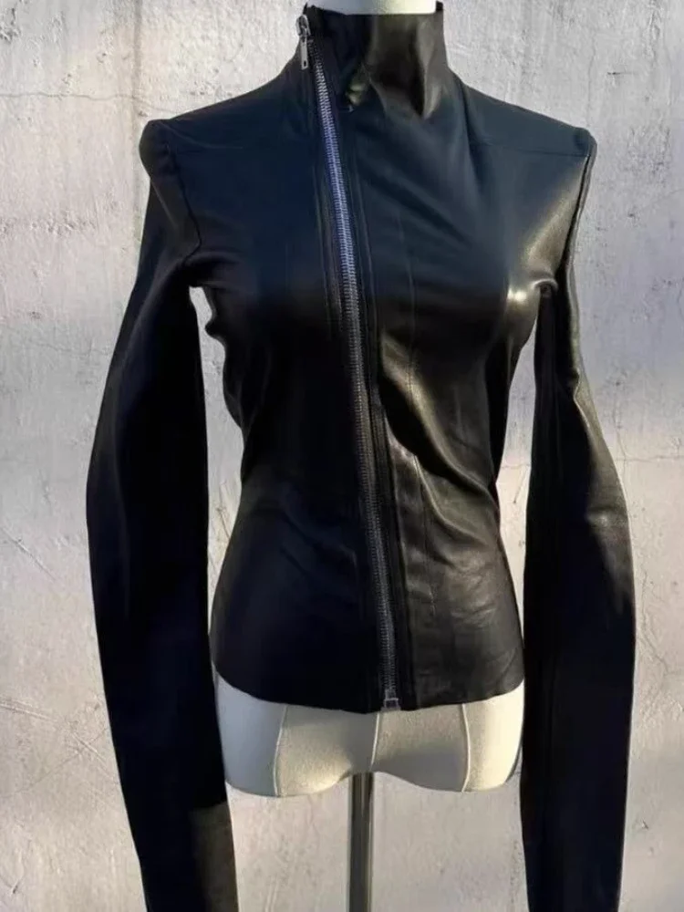 Black Gothic Leather Jacket — Turtleneck Zip, Women's