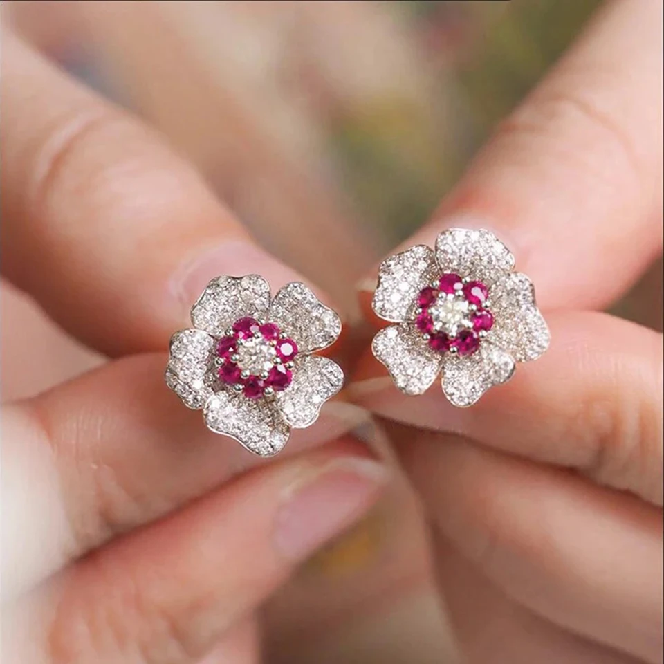 Red CZ Flower Stud Earrings — Cubic Zirconia, Women's
