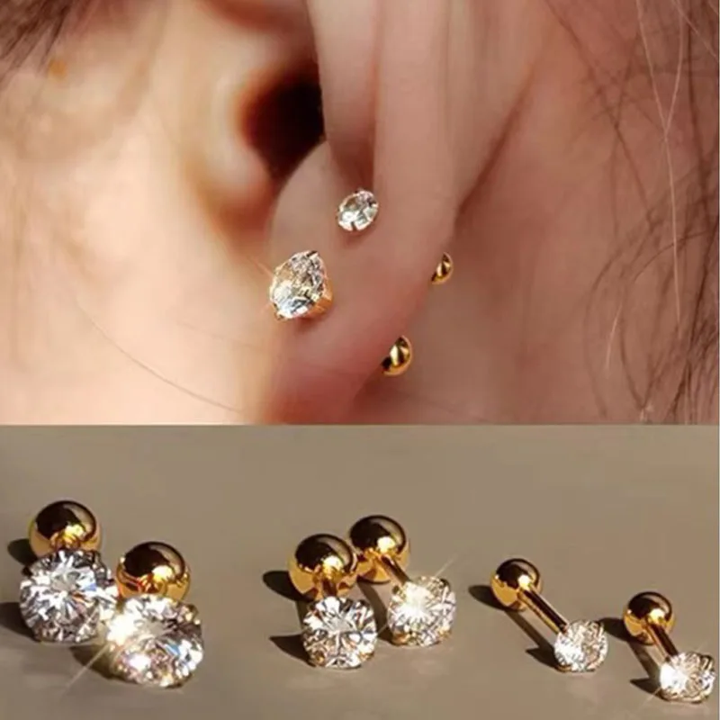 Round Zirconia Stud Earrings — Stainless Steel, Women's