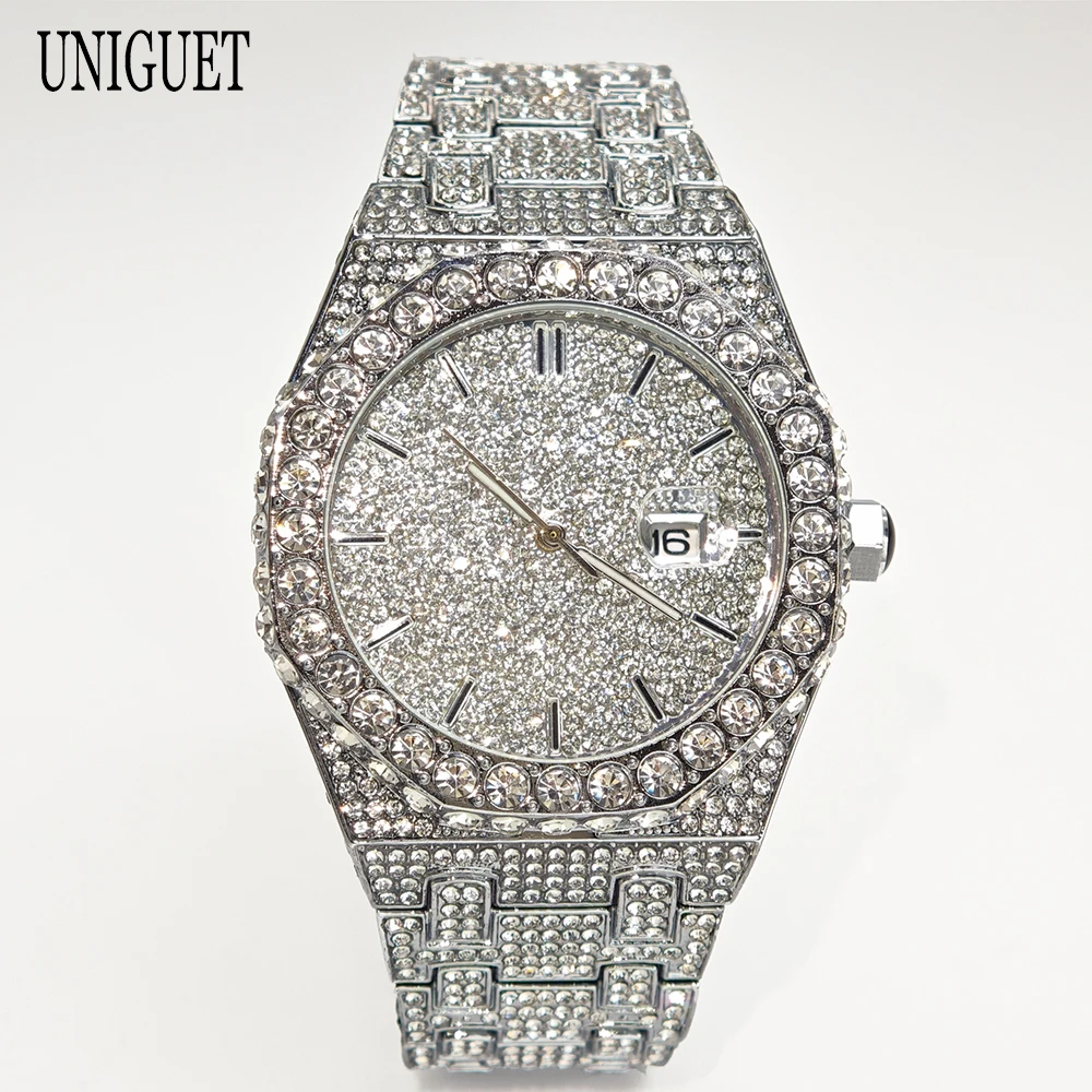 Iced-Out Diamond Date Watch — Waterproof, Men's