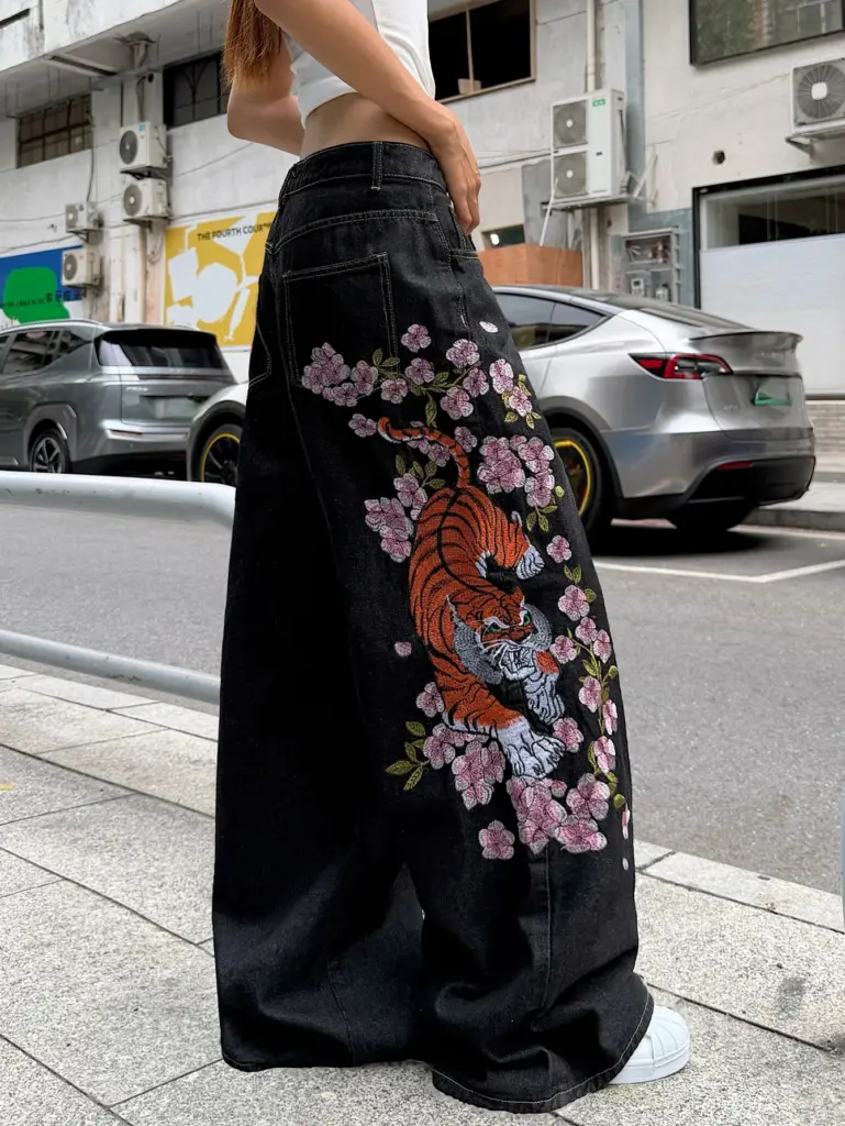 Tiger Flower Embroidered Jeans — Black Wide-Leg, Women's