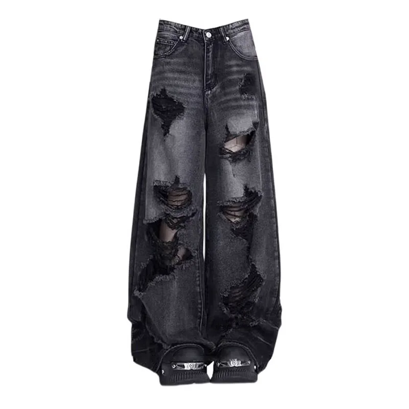 Vintage Black Ripped Wide-Leg Jeans — Women's
