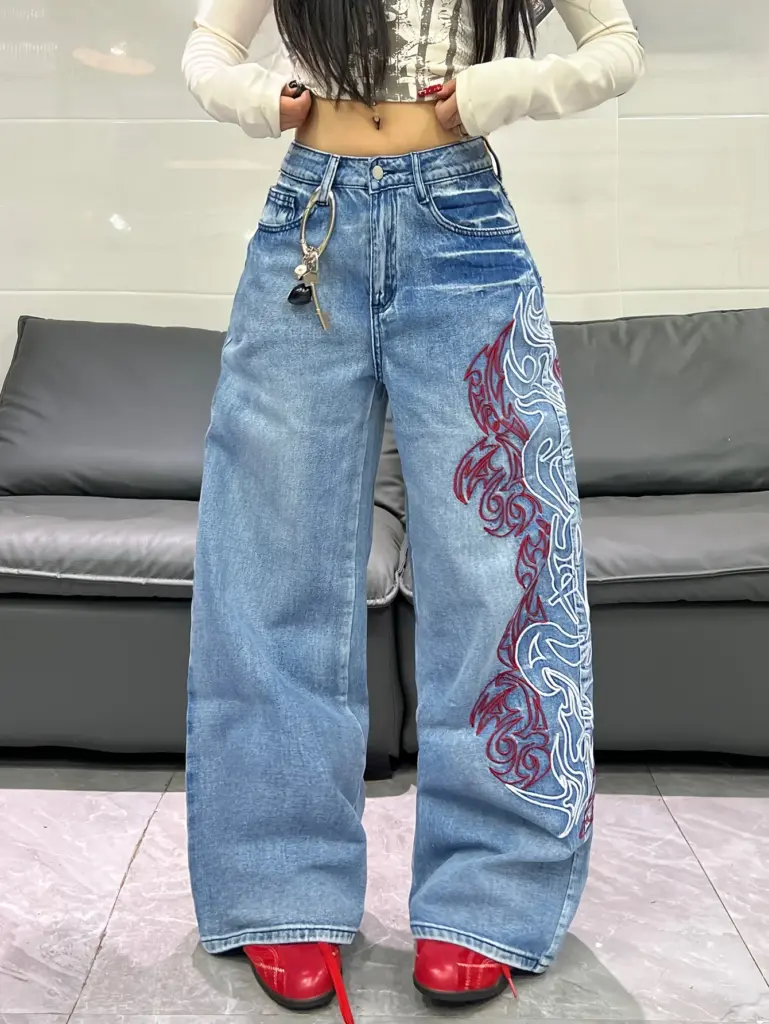 Two-Color Embroidered Wide-Leg Jeans — High-Waist, Women's