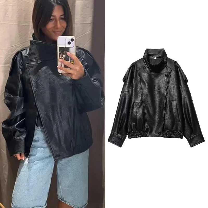 Black Faux Leather Jacket — Oversized, Women's