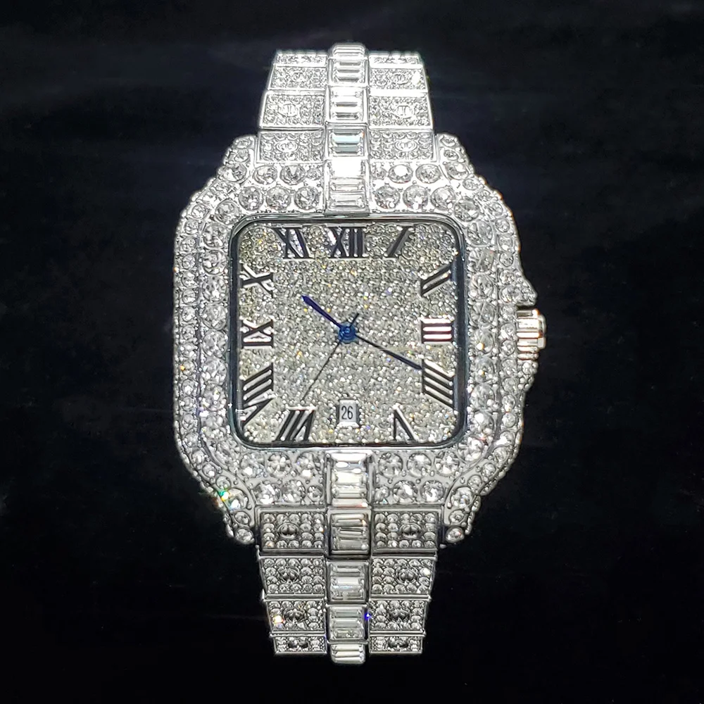Iced-Out Diamond Square Watch — Waterproof, Men's