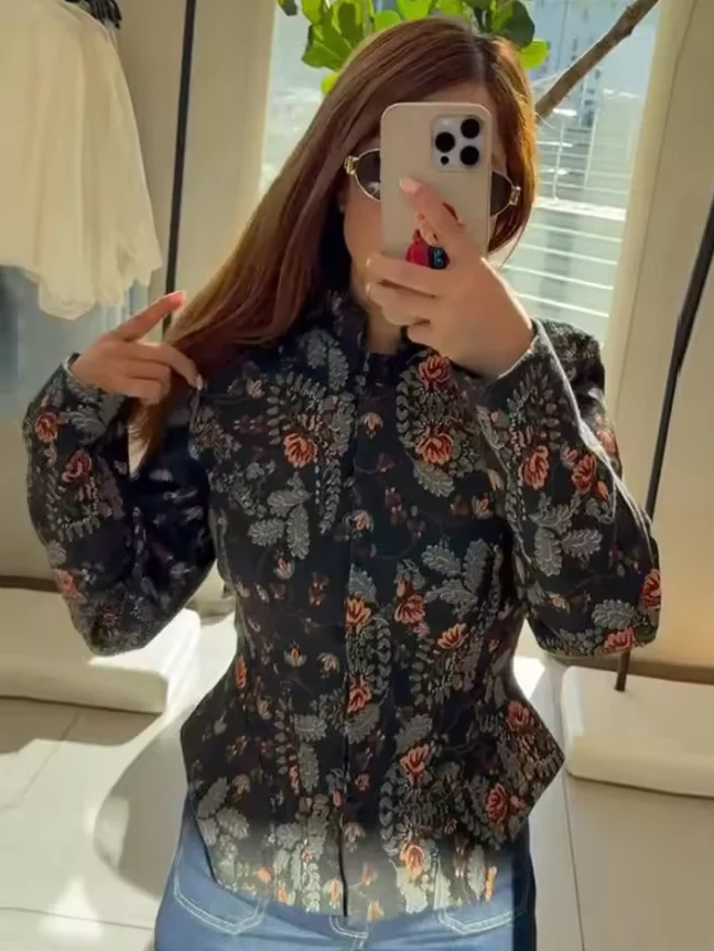 Floral Jacquard Jacket — Stand Collar, Women's