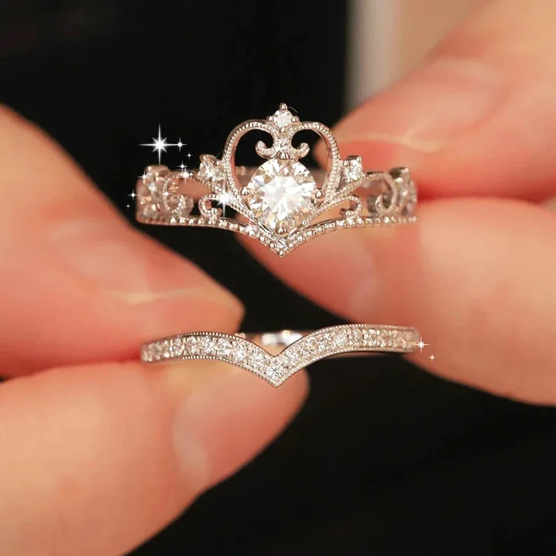 Crystal Crown Adjustable Ring Set — Stainless Steel, Women's