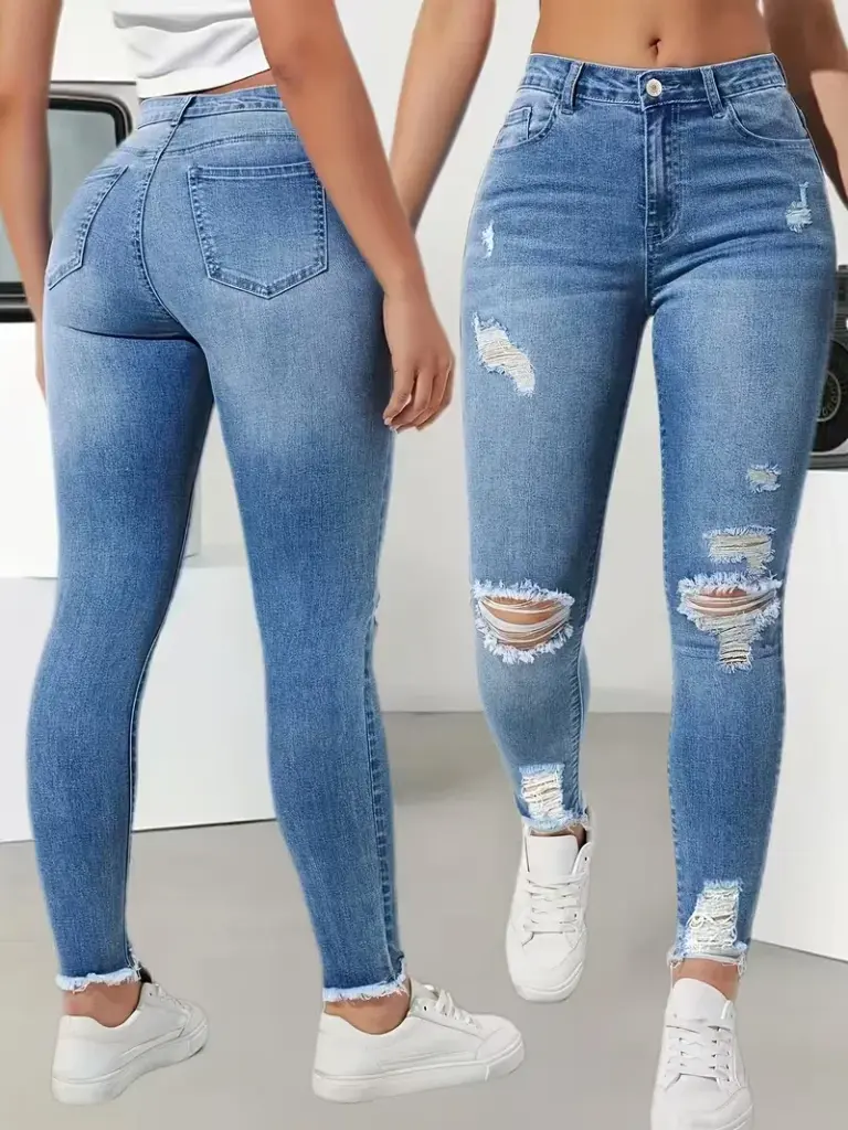 High-Waist Ripped Stretch Jeans — Ankle Length, Women's